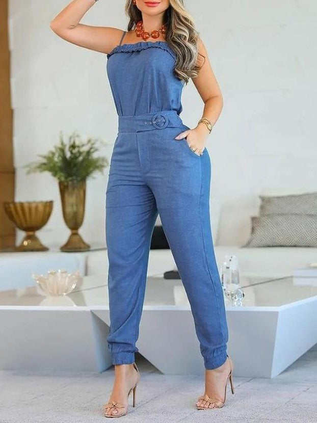 Damen lässiger Jumpsuit mit Rüschendetails und verstellbarem Taillengürtel EB