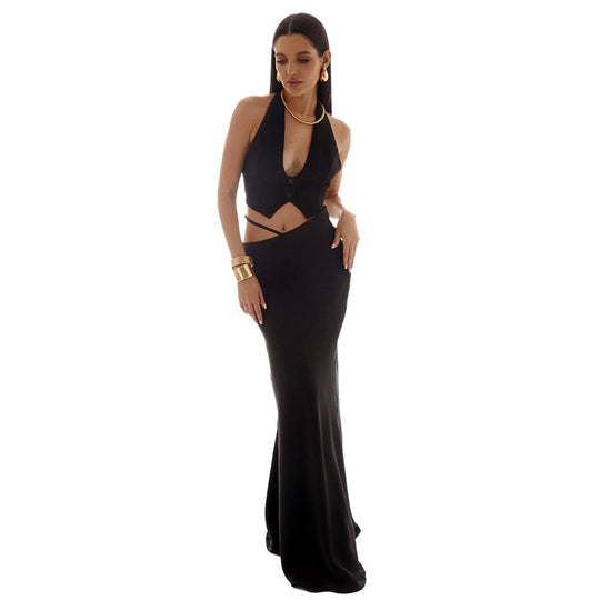 Damen Elegantes Maxikleid mit schulterfreiem Design und seidigem Finish EB