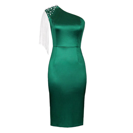 Damen Einseitiges Cocktailkleid mit funkelnden Fransen und eleganter Taillierung EB