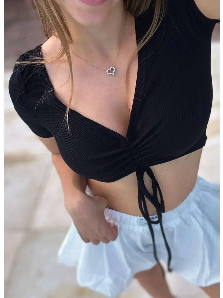 Damen Crop-Top mit modischem Raffungselement und Kordelzug EB
