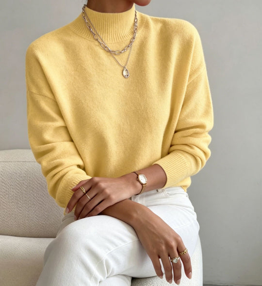 Damen kuscheliger Feinstrickpullover mit Stehkragen und überschnittener Schulter EB