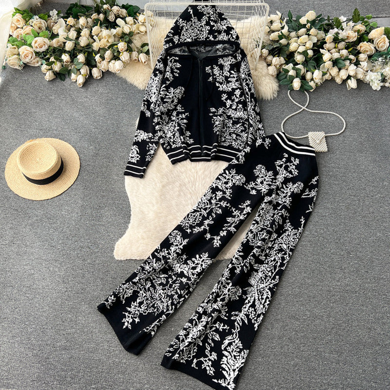 Damen modisches Freizeit-Lounge-Set mit Kapuze und floralem Muster EB