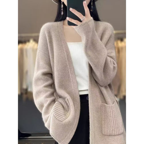 Damen bequeme Strickjacke mit Taillengürtel und Taschen EB