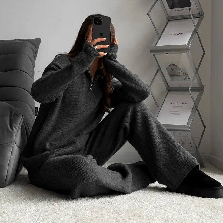 Damen Rippstrick-Loungewear-Set mit Halbzip-Longpullover und High‑Waist-Rippleggings EB