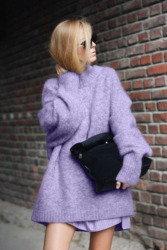 Damen Oversized Strickpullover mit hochabschließendem Kragen und voluminösen Ärmeln EB