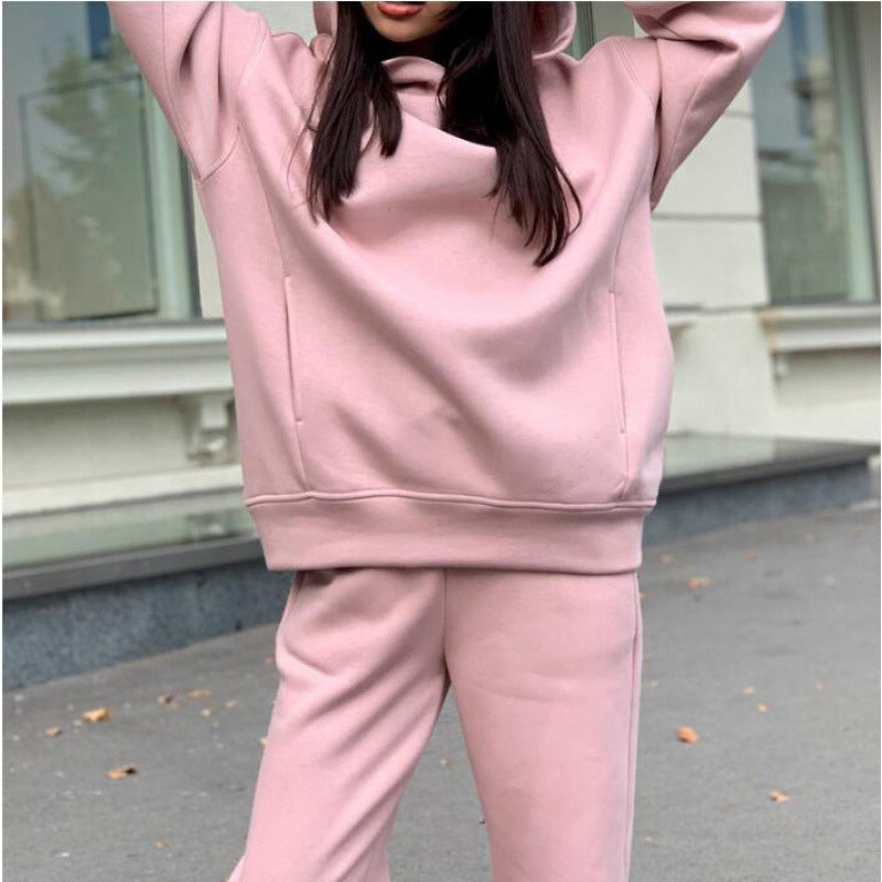 Damen Oversize-Kapuzen-Sweatshirt und Jogginghose Set mit Fleece-Innenseite und elastischen Bündchen EB