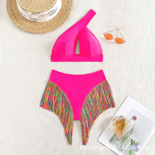 Damen Einseitiger Bikini mit fransigem Saum EB
