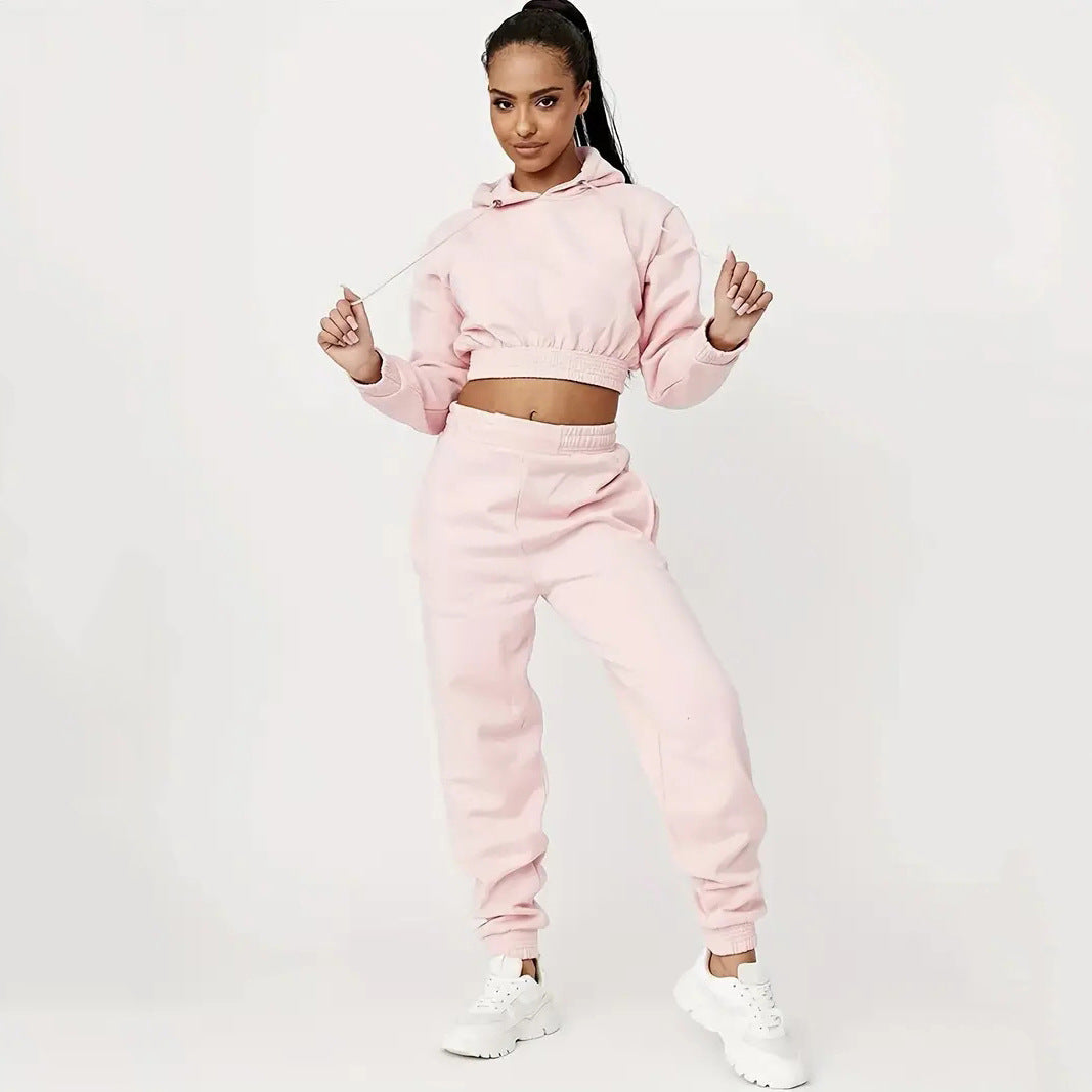 Damen Sportliches Cropped Hoodie und lässige Jogginghose Set EB