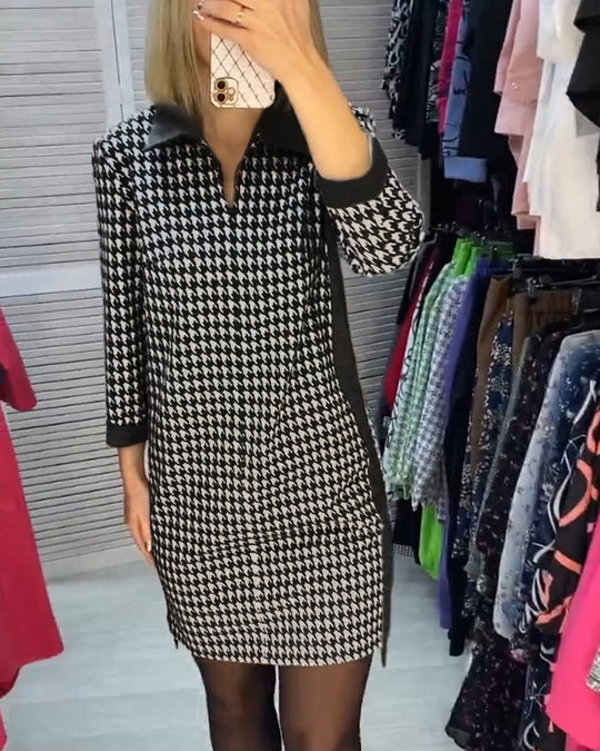 Damen nan Hahnentritt-Strickkleid mit umgelegtem Kragen, V-Ausschnitt, Eingrifftaschen und seitlichen Schlitzen EB