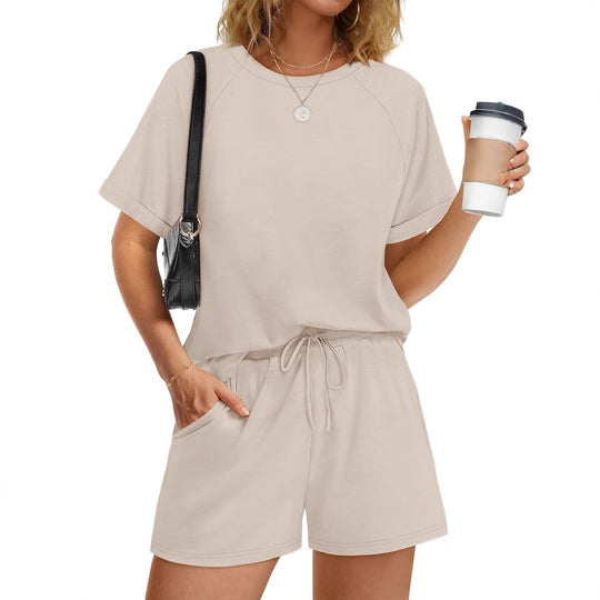 Damen lässiger Kombi aus T-Shirt und Shorts mit elastischem Bund EB