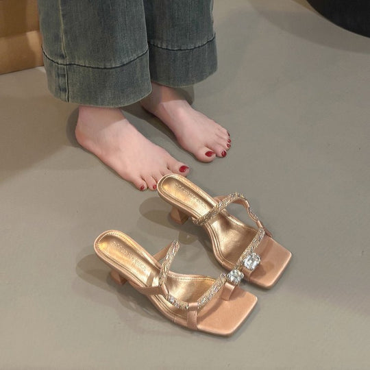 Damen elegante Riemchen-Sandalen mit funkelndem Akzent und komfortablem Absatz EB