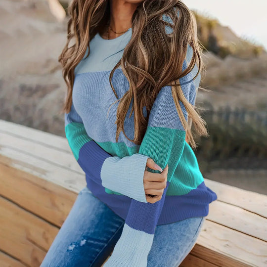 Damen modischer Strickpullover mit modernem Streifen-Design und langen Ärmeln EB