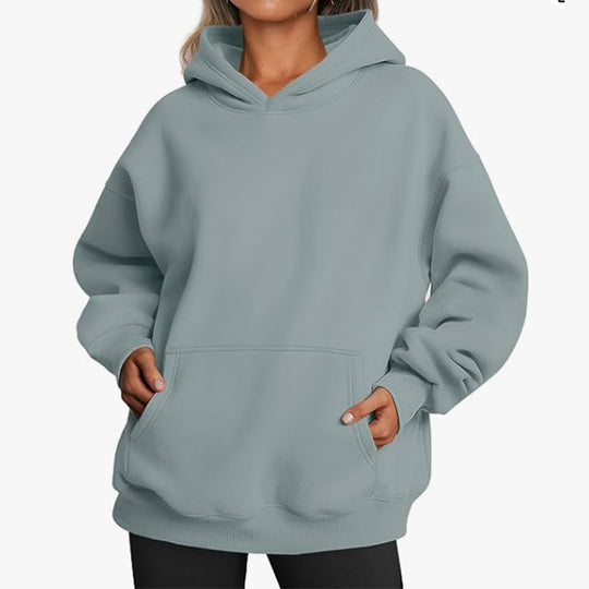 Damen nan Relax-Fleece Kapuzenpullover mit Kängurutasche, verlängerter Rücken und überschnittener Schulter EB