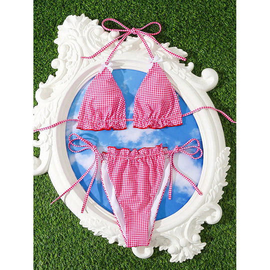Damen Check-Muster Triangel-Bikini Set EB