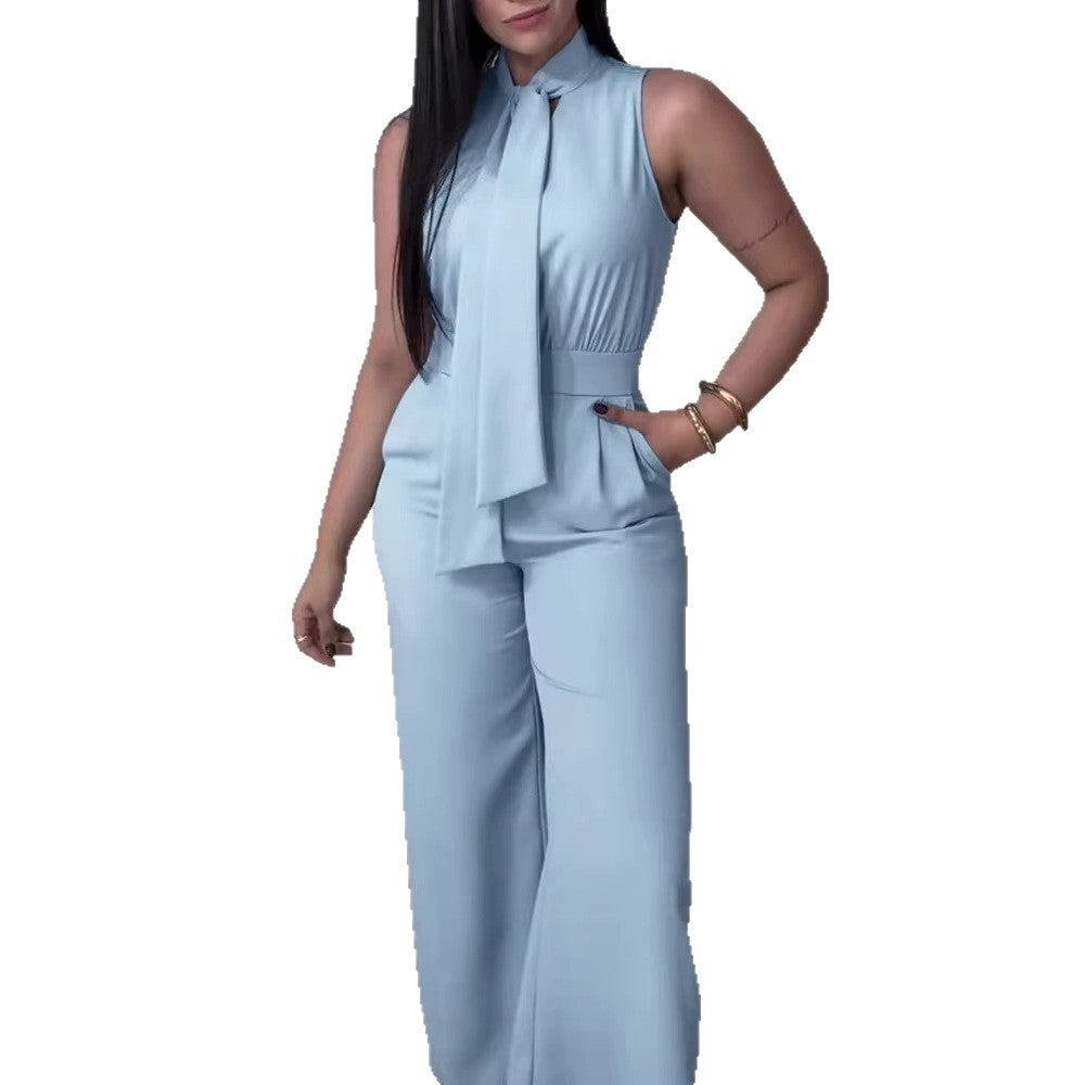 Damen eleganter Jumpsuit mit fließendem Schnitt und bindbarem Kragen EB