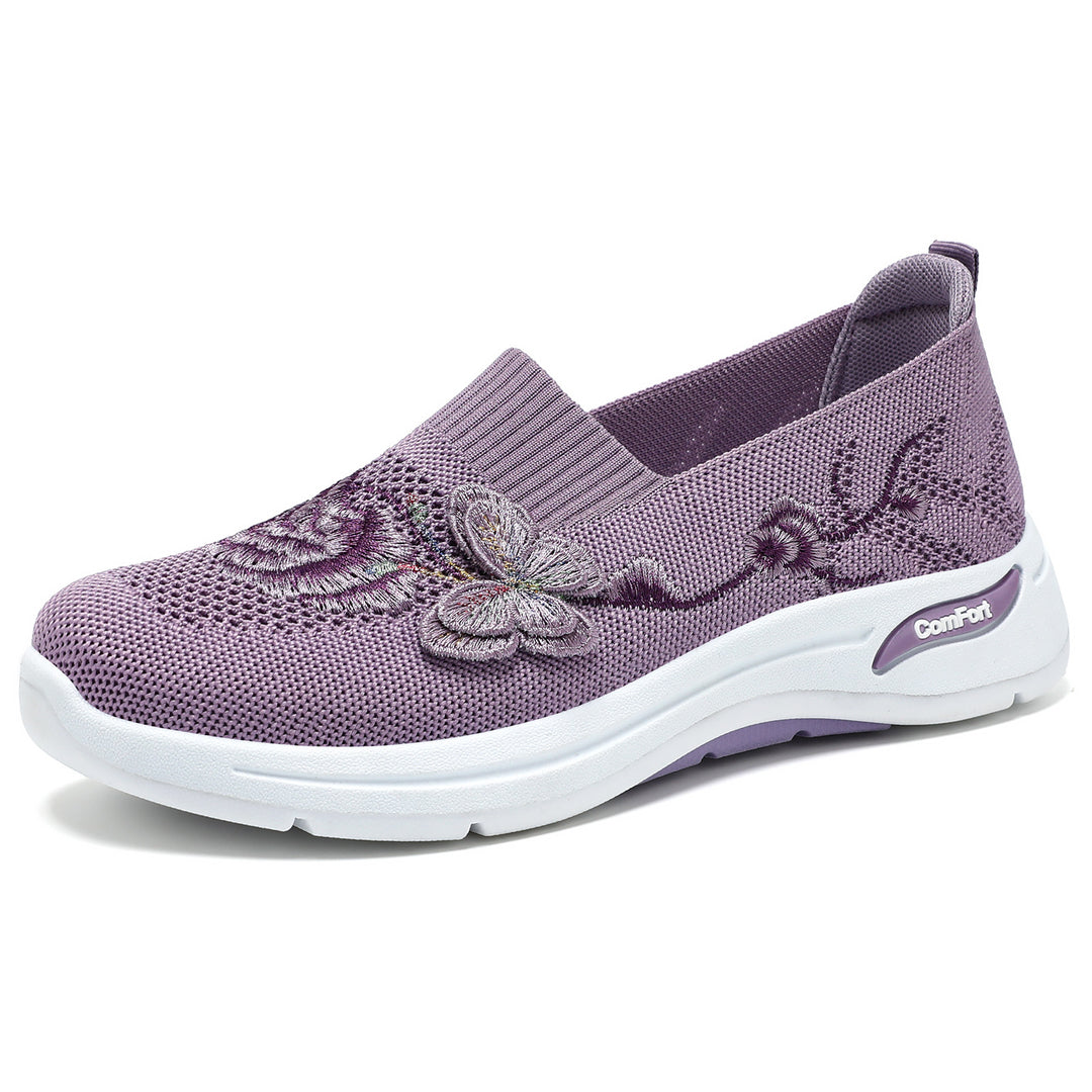 Damen nan gestrickter Slip-On Slipper mit 3D-Blumenstickerei und ergonomischer Komfort-Zwischensohle EB