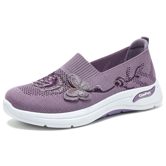 Damen nan gestrickter Slip-On Slipper mit 3D-Blumenstickerei und ergonomischer Komfort-Zwischensohle EB