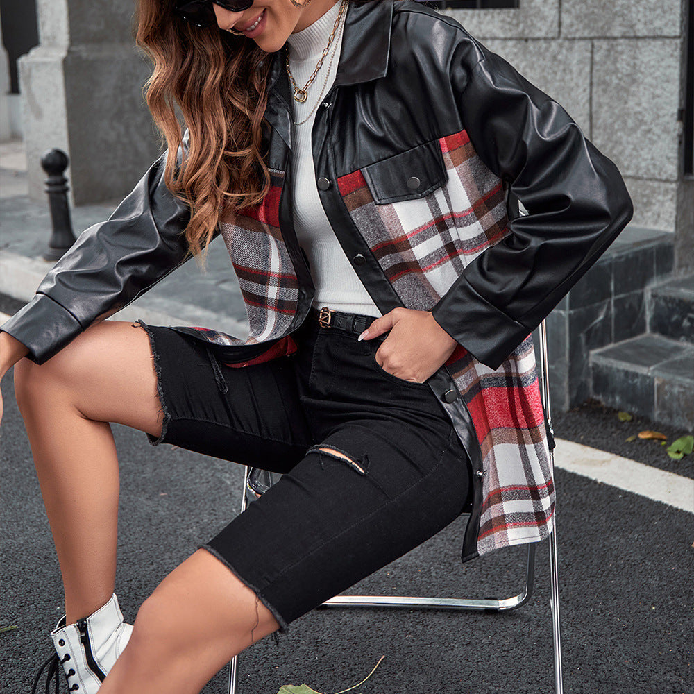 Damen Overshirt mit Kontrast Ärmeln und Karo-Muster EB