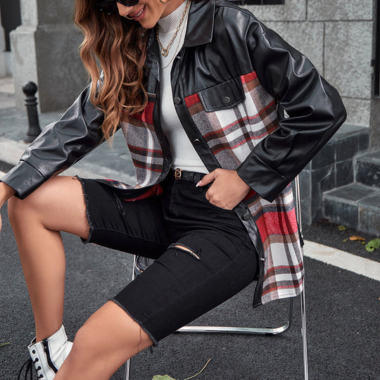 Damen Overshirt mit Kontrast Ärmeln und Karo-Muster EB