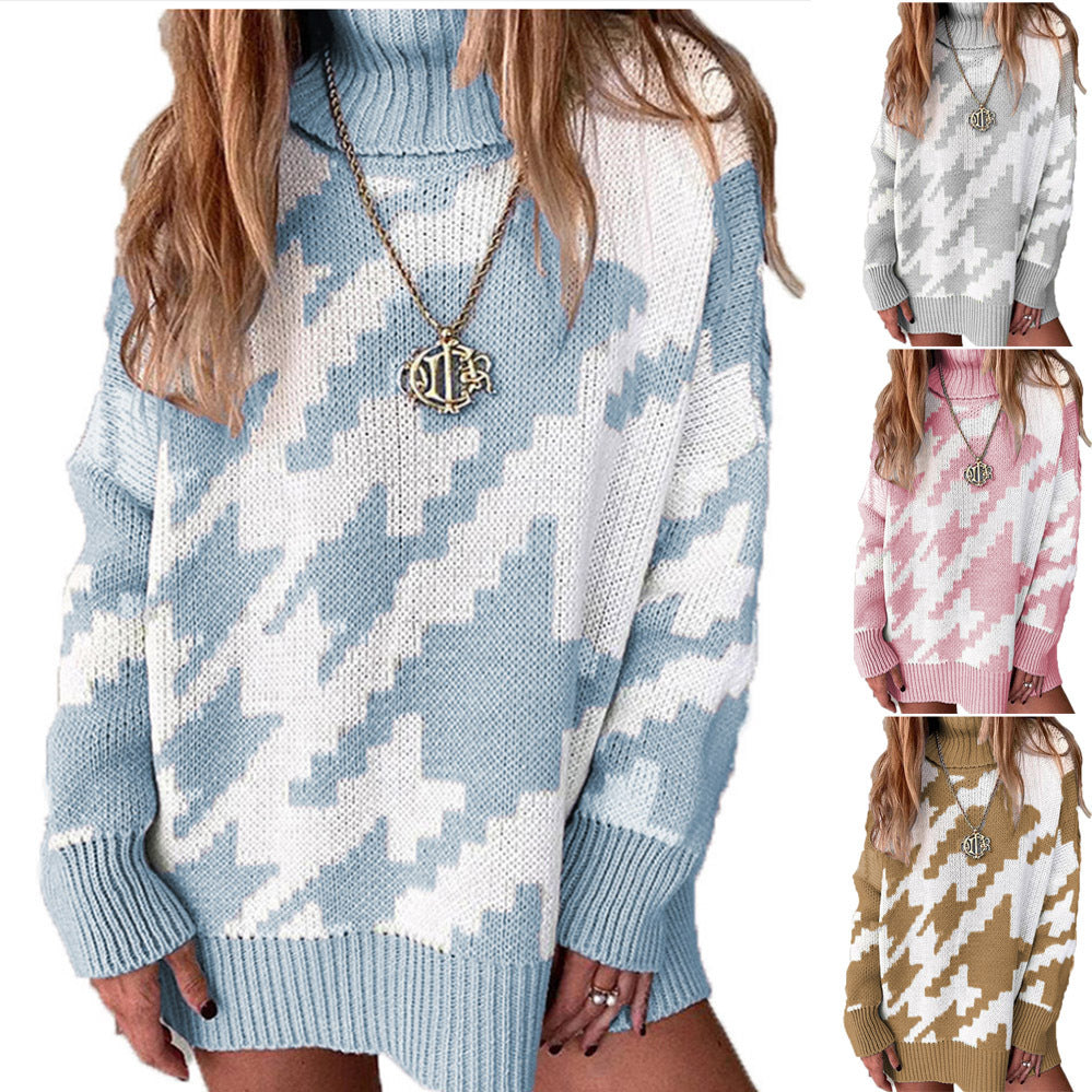Damen Grobstrickpullover mit hohem Kragen und modernem geometrischen Muster EB