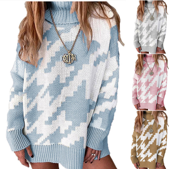 Damen Grobstrickpullover mit hohem Kragen und modernem geometrischen Muster EB