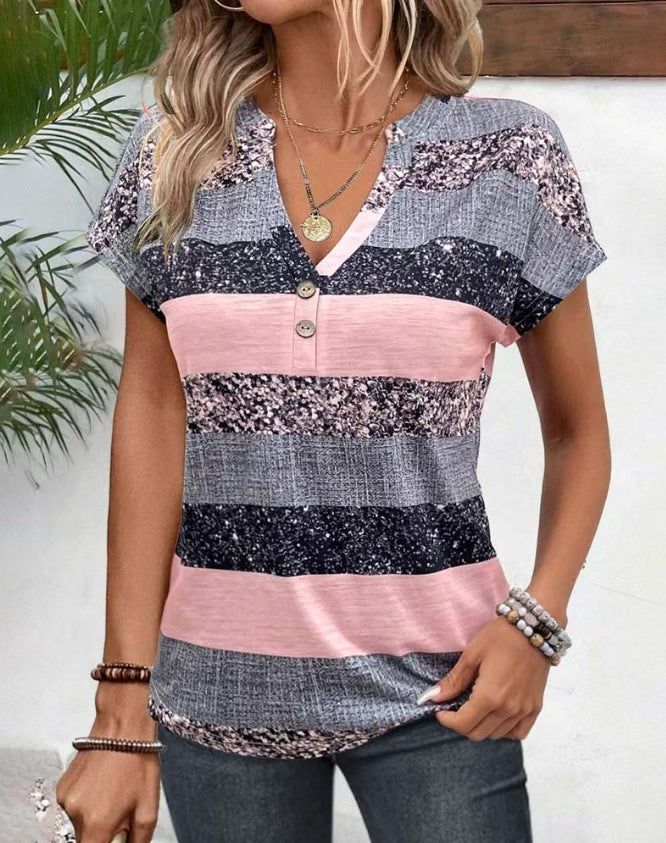 Damen Kurzarm Blusenshirt mit ansprechendem Streifendesign und dekorativen Knopfdetails Heidi-Mode
