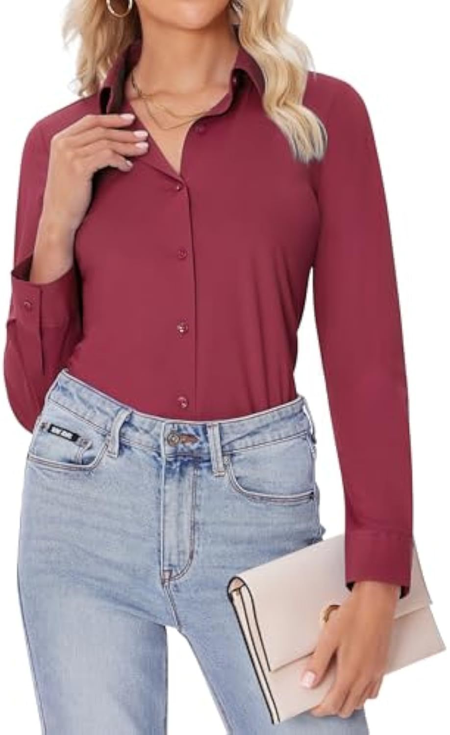 Damen Klassische Viskose-Stretch Hemdbluse mit Kentkragen und Manschetten EB