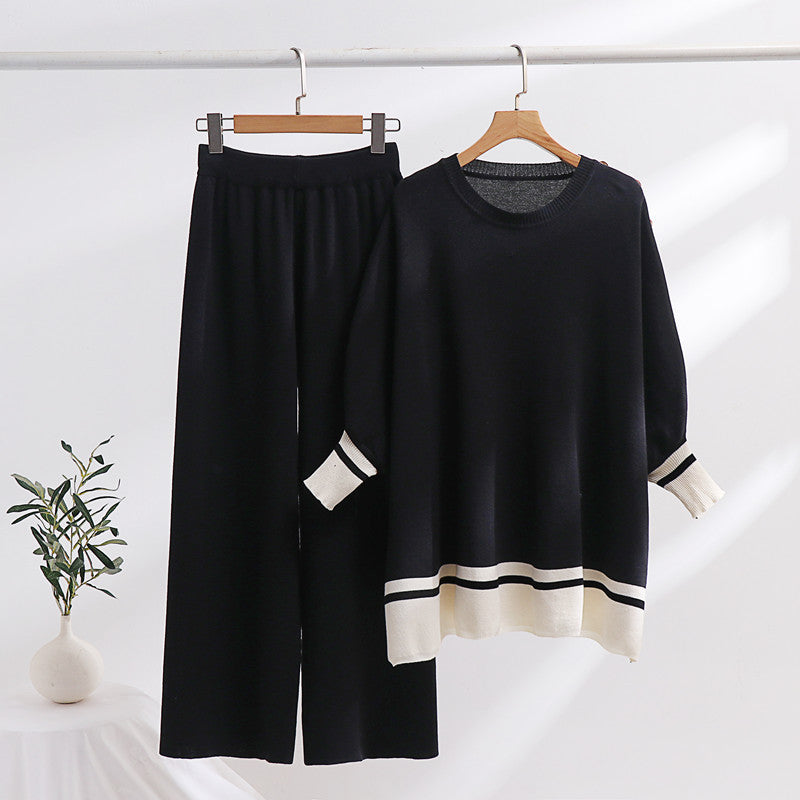 Damen lässiges Strick-Loungewear-Set mit modischem Kontrastsaum und weitem Schnitt EB