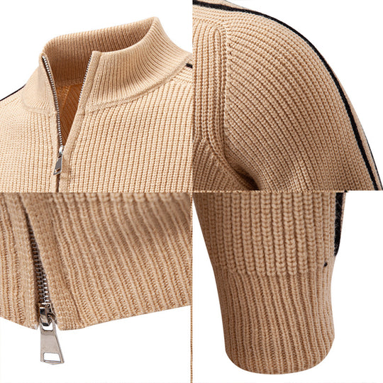 Herren nan Reißverschluss-Strickjacke mit Stehkragen, strukturierter Rippenoptik und kontraststreifen EB