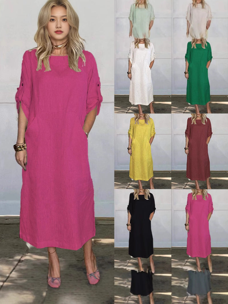 Damen lässiges Maxikleid mit praktischen Taschen und hochgekrempelten Ärmeln EB