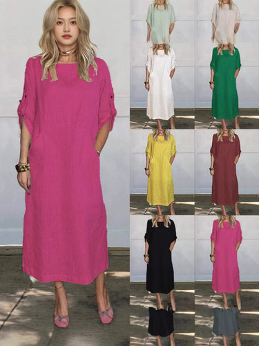 Damen lässiges Maxikleid mit praktischen Taschen und hochgekrempelten Ärmeln EB