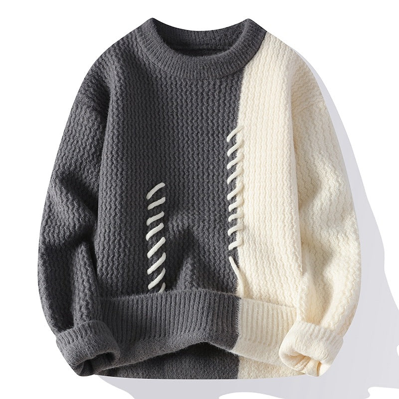 Unisex nan strukturierter Strickpullover mit asymmetrischem Zweifarbdesign und dekorativer Ziernaht EB
