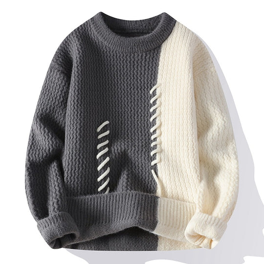 Unisex nan strukturierter Strickpullover mit asymmetrischem Zweifarbdesign und dekorativer Ziernaht EB