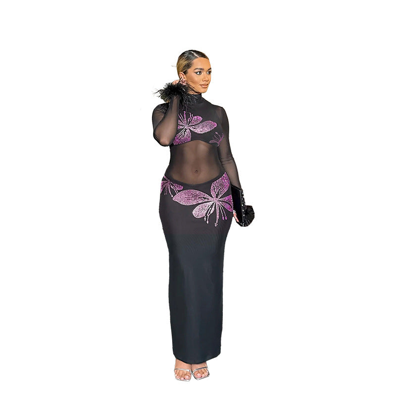 Damen Transparente Maxi-Robe mit kunstvollen Schmetterlingsdetails EB