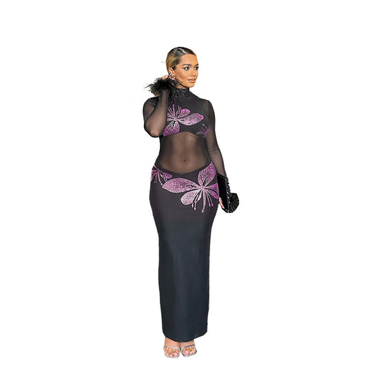 Damen Transparente Maxi-Robe mit kunstvollen Schmetterlingsdetails EB