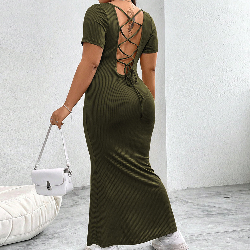 Damen figurbetontes Maxikleid mit quadratischem Ausschnitt aus Rippstrick EB