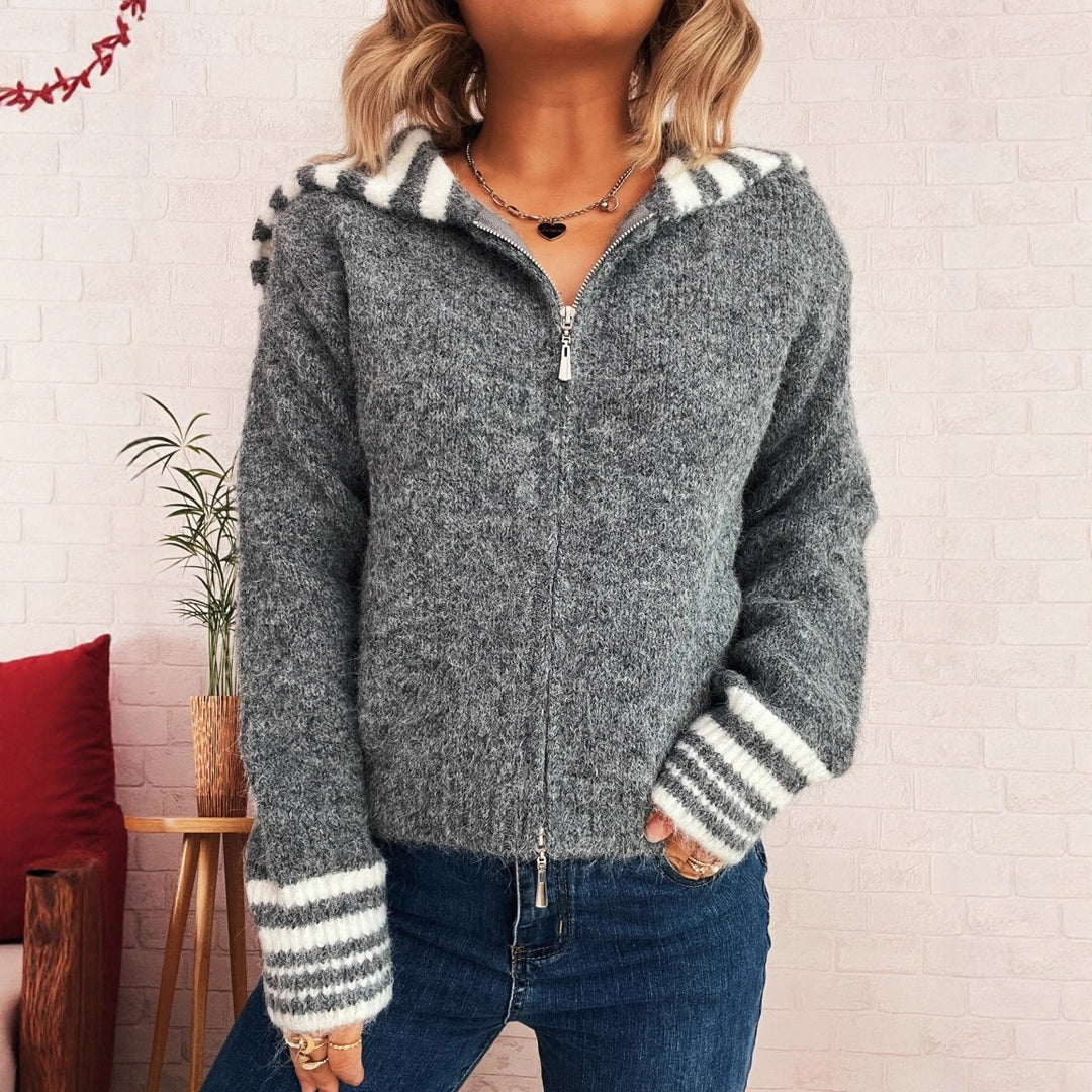 Damen kuschelige Strickjacke mit stilvollem Reißverschluss und modischen Streifen EB