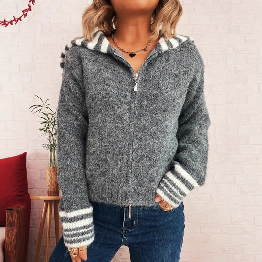 Damen kuschelige Strickjacke mit stilvollem Reißverschluss und modischen Streifen EB
