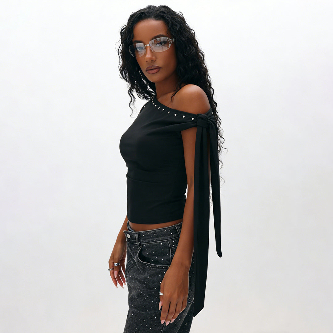 Damen Elegantes One-Shoulder Top mit dekorativen Steinen EB