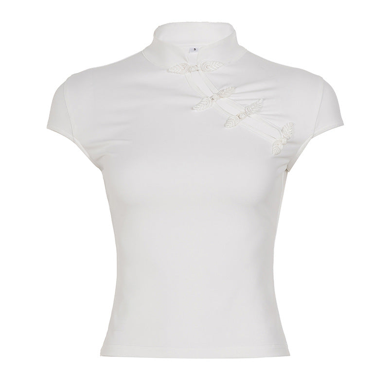 Damen elegantes Kurzarm-Oberteil mit feinen Stickdetails EB
