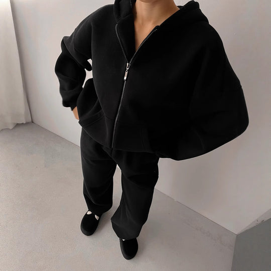 Damen Baumwoll-Fleece Lounge-Set mit Oversize-Zip-Hoodie und Palazzo-Sweatpants EB