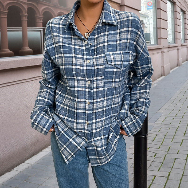Damen karierte Baumwollbluse im lässigen Schnitt mit Knopfdetails EB
