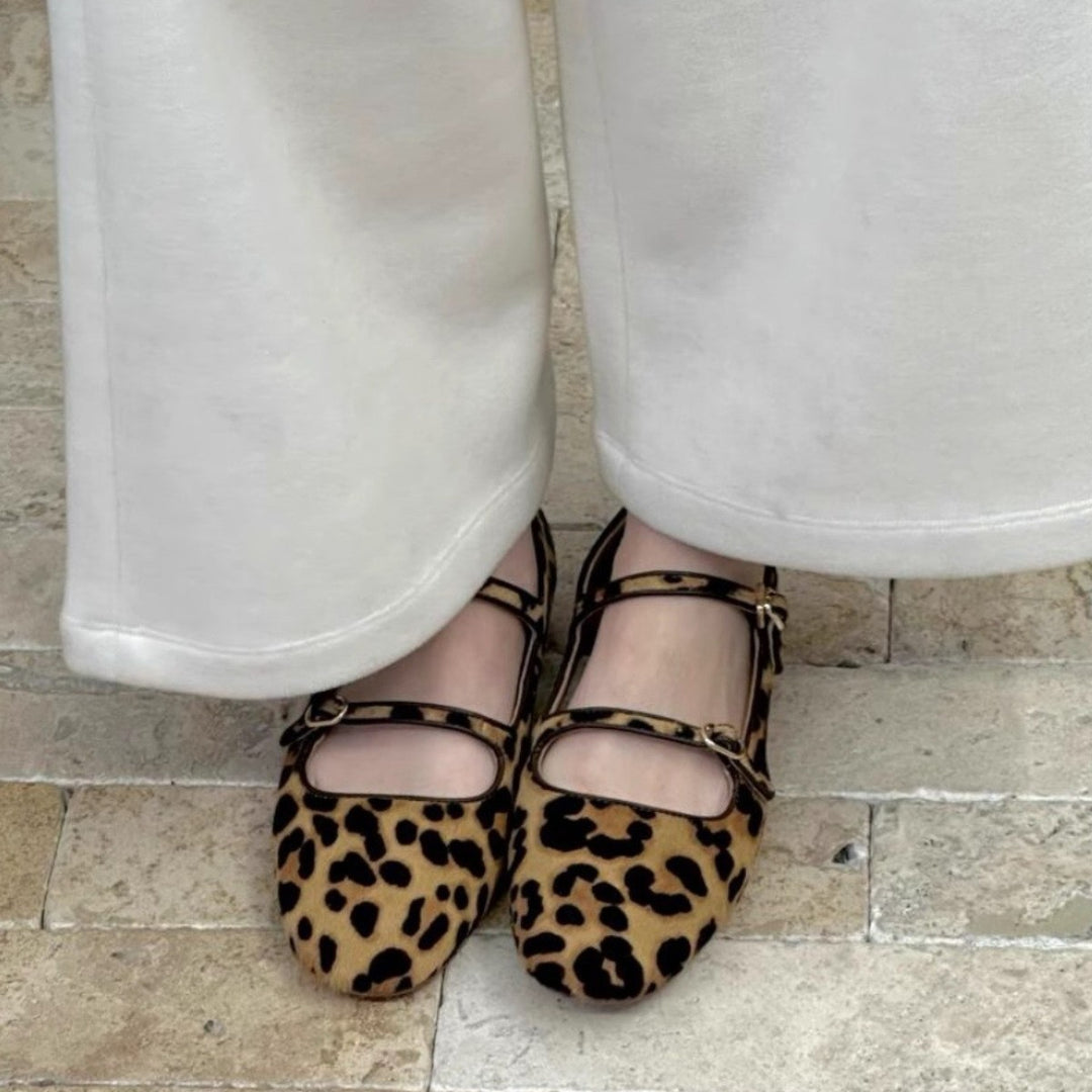 Damen Ballerina mit modischem Leopardenmuster und zweifachem Riemendesign EB