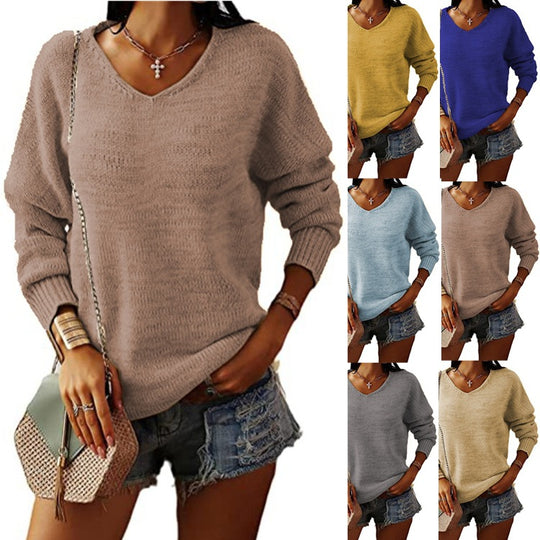 Damen lockerer V-Ausschnitt Pullover aus feinem Strick EB