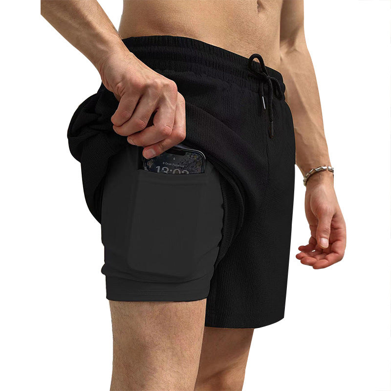 Herren nan zweilagige Schwimmshorts mit innerer Kompressionshose und seitlicher Smartphone-Tasche EB