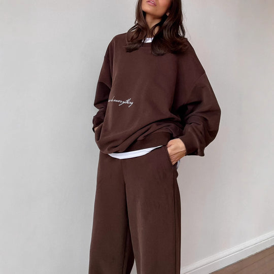 Damen Oversized Sweatshirt und hochgeschnittene Jogginghose Loungewear-Set aus weichem Baumwollfleece mit elastischem Bund EB