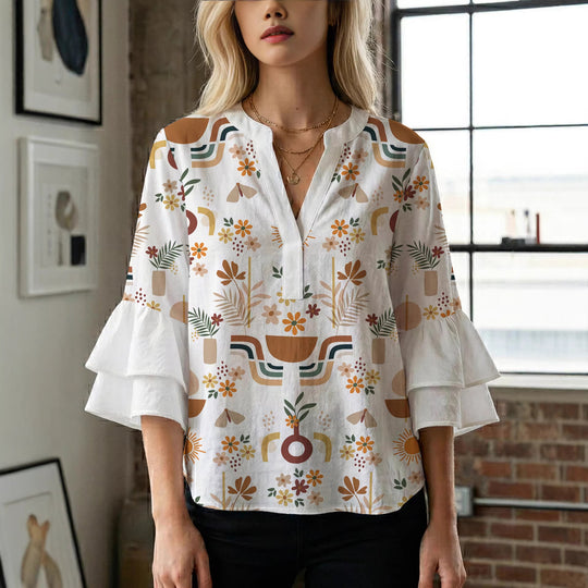 Damen Bluse mit Rüschendetails und auffälligem Animal-Print EB