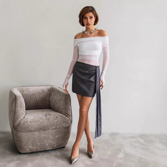 Damen Offshoulder Langarm-Top aus transparentem Netzmaterial EB