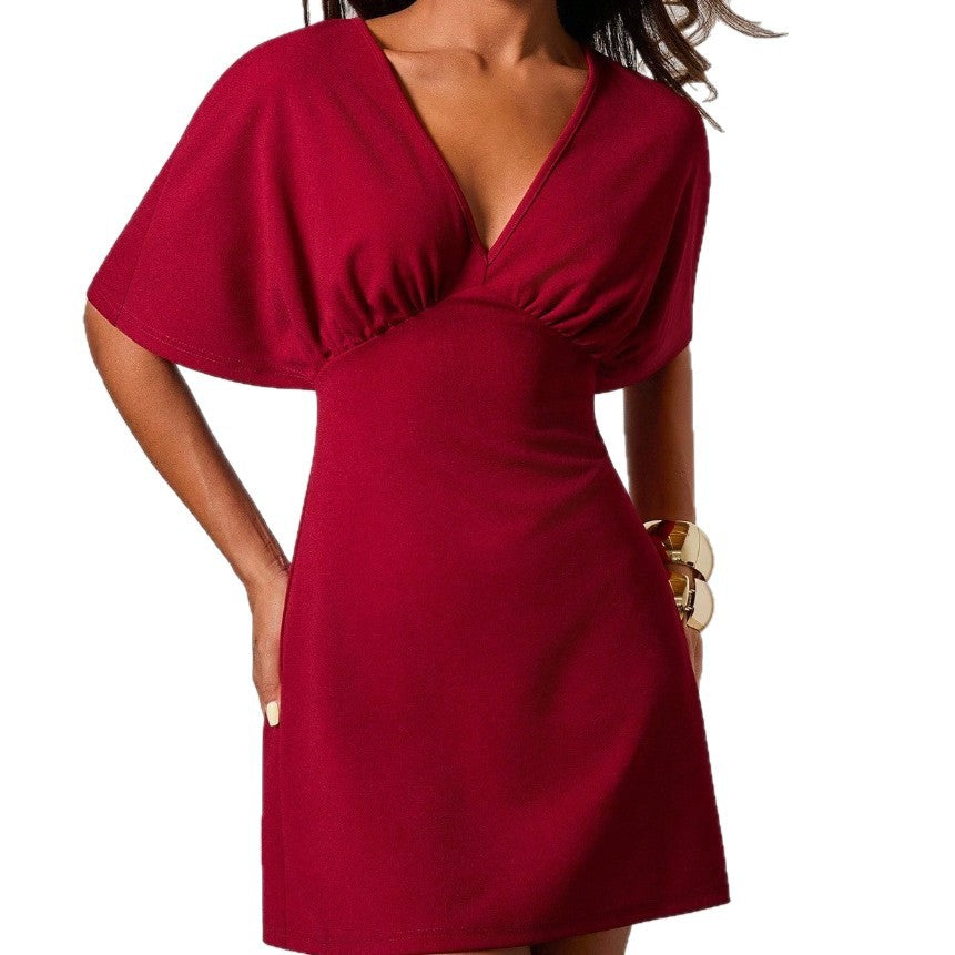 Damen figurbetontes Cocktailkleid mit tiefem V-Ausschnitt und Hüftakzent EB