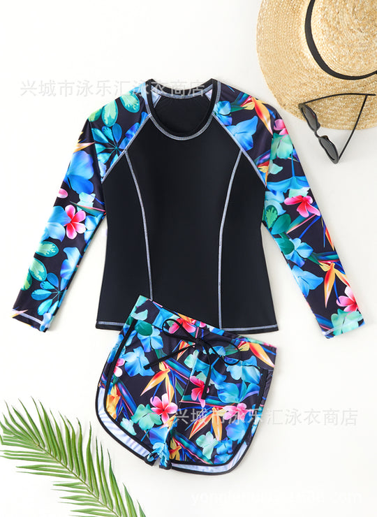 Damen Sportlicher Langarm-Schwimmanzug mit floralem Design und Shorts EB
